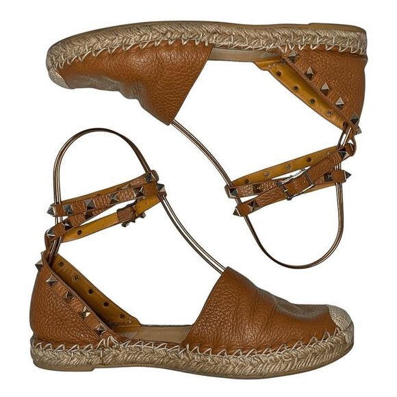 Valentino Garavani Rockstud Espadrille Studded Ankle Wrap Flats EU 37 US 7 Brown - Picture 6 of 11